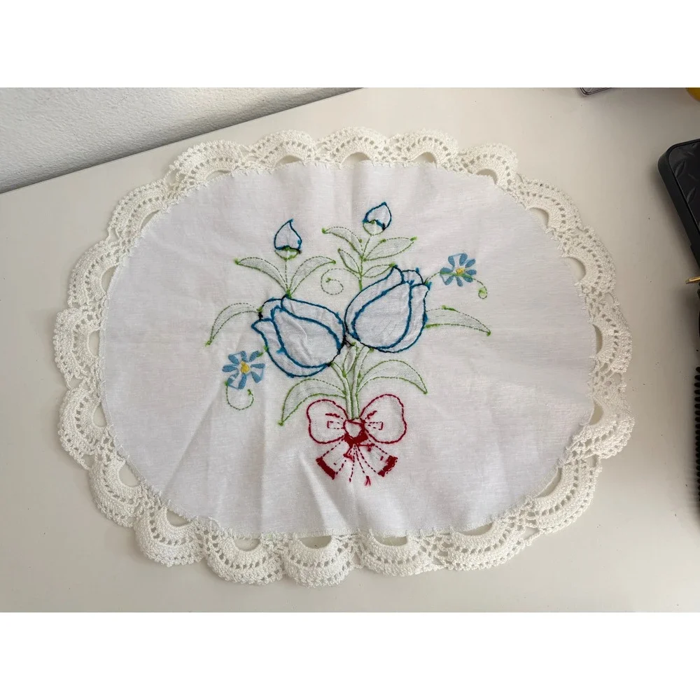 Vintage Hand Embroidered Blue Tulip Oval Doily White Crochet Lace Trim 11x8.5